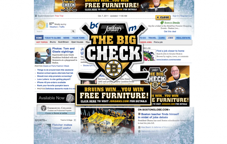 Jordan’s Furniture “The Big Check” Boston Bruins Promotion Launches with Our Logo!