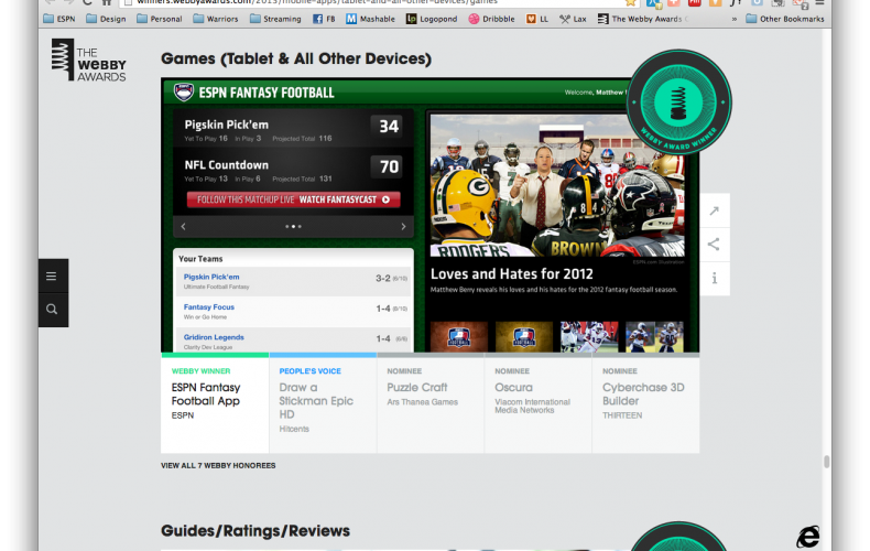 The ESPN Fantasy Football iPad App wins a 2013 Webby Award!